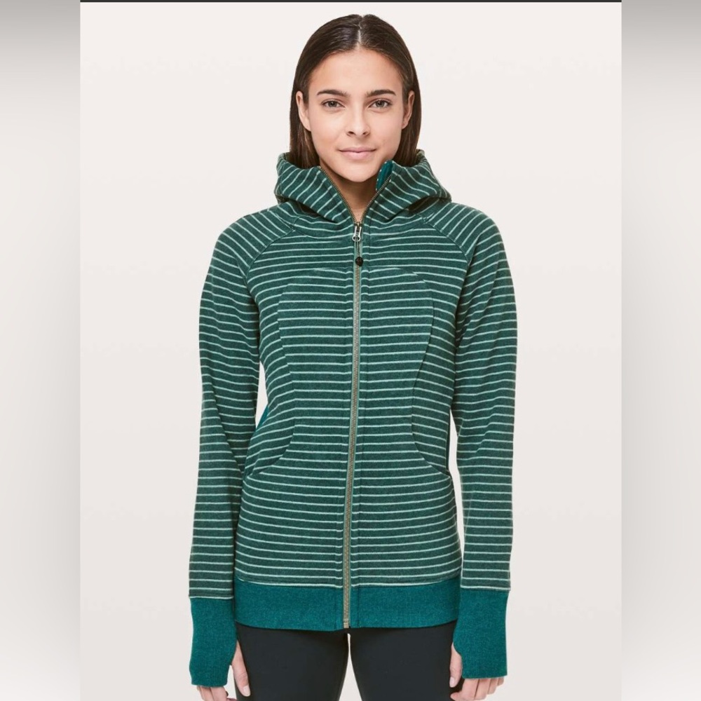 Lululemon Scuba Hoodie Cotton Fleece Zip Jacket Green Striped Women Size 8